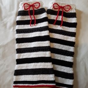 Handmade crochet black and white striped leg warmers/red accents/wide at bottom